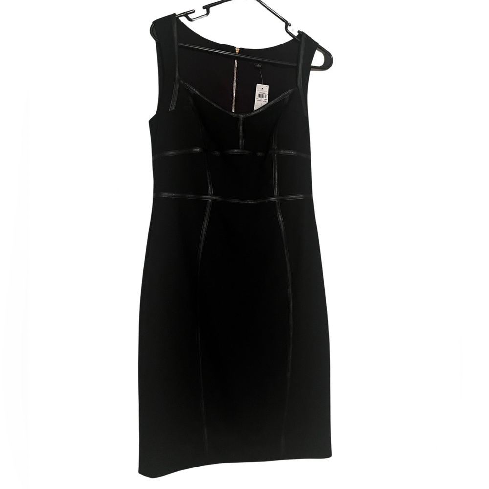 Ann Taylor Womens Black Faux Leather Trim Sleeveless Sheath Dress Sz 4 Cocktail